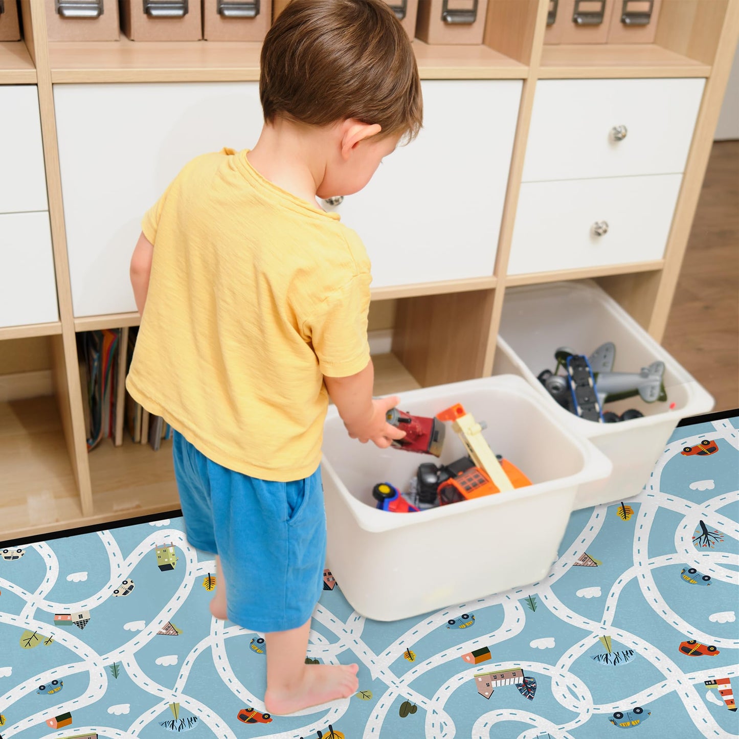 HUXINO Kids Play Mat with Maze City Road Map, Non-Slip Half Circle Rug for Car Play, Interactive Educational Game Mat for Bedroom and Playroom, 36x24 Inch