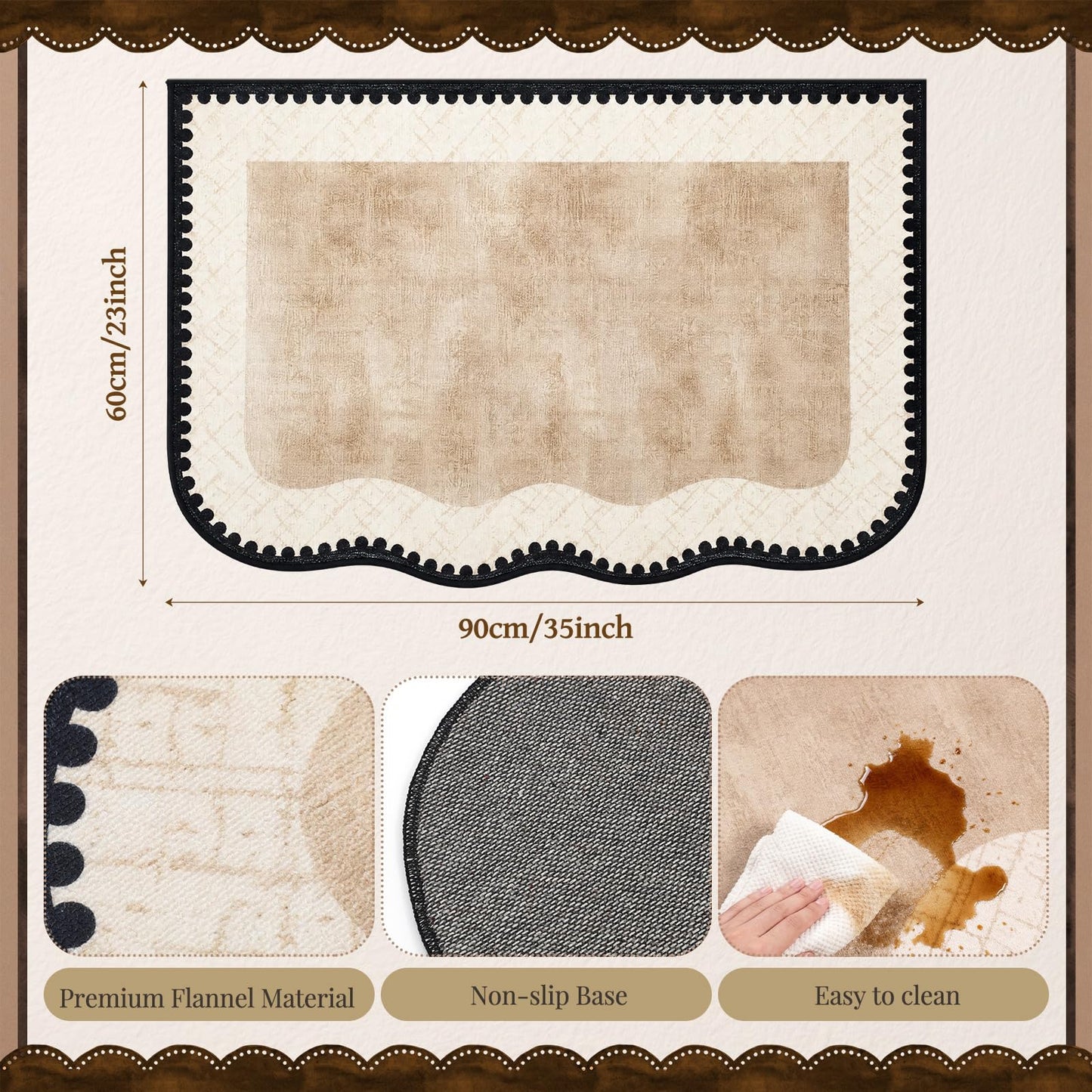 Breling Khaki Entryway Rug 2 x 3 ft Large Scalloped Welcome Mat Non Slip Washable Doormat Front Door Throw Rug for Farmhouse Indoor Kitchen Laundry Porch Bathroom Decor