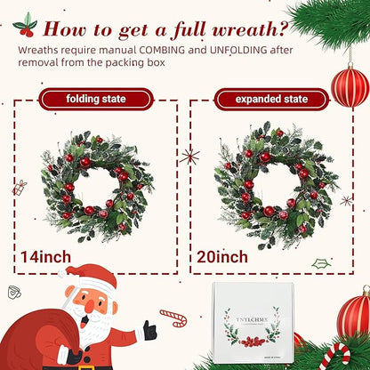 YNYLCHMX 20 Inch Winter Wreath for Front Door, Winter Wreaths with Pine Needles Holly Red Bells, Artificial Door Snowy Wreaths for Outdoor Indoor Reef Farmhouse Windows Wall Holiday Decoration