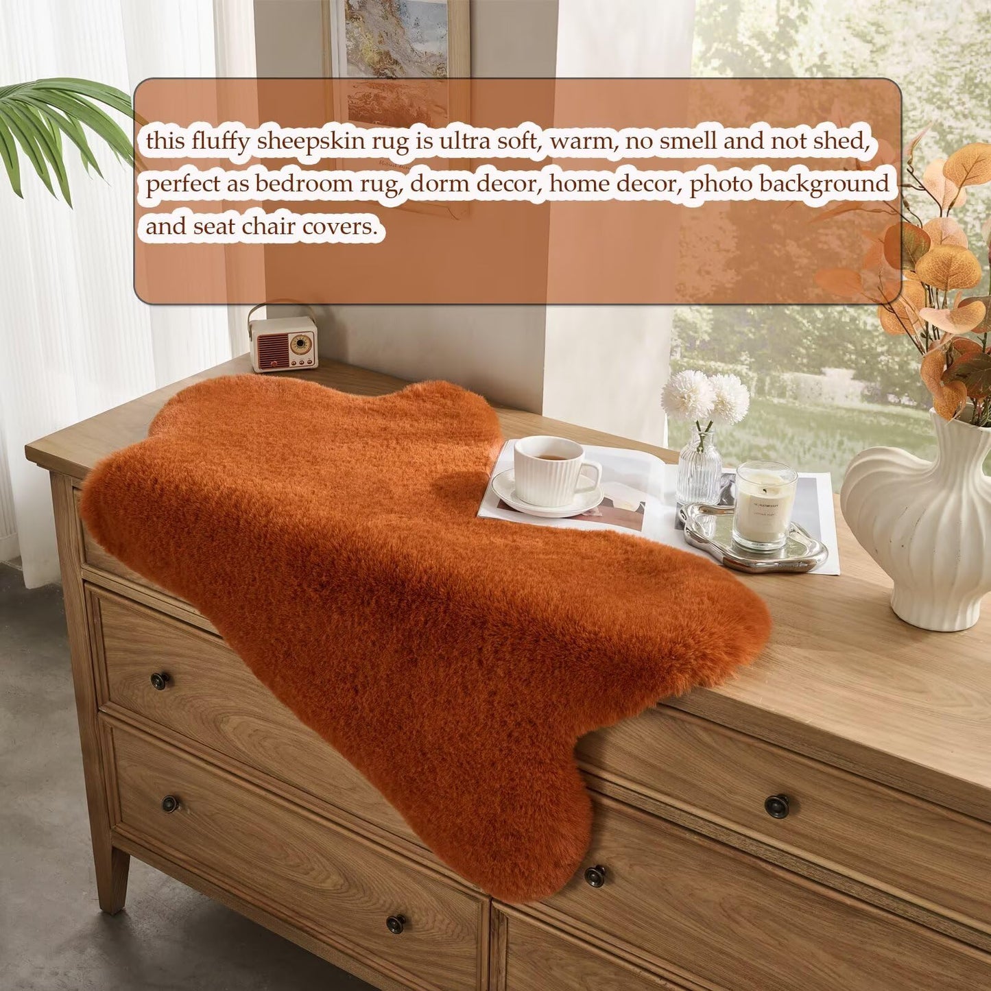 Animebody 1700GSM Fuzzy Faux Sheepskin Fur Area Rug,Extra Soft Faux Fur Mat,Fluffy Shaggy Fur Rug for Bedroom Living Bedside Rug Room Decor-Burnt Orange, 2 x6 ft