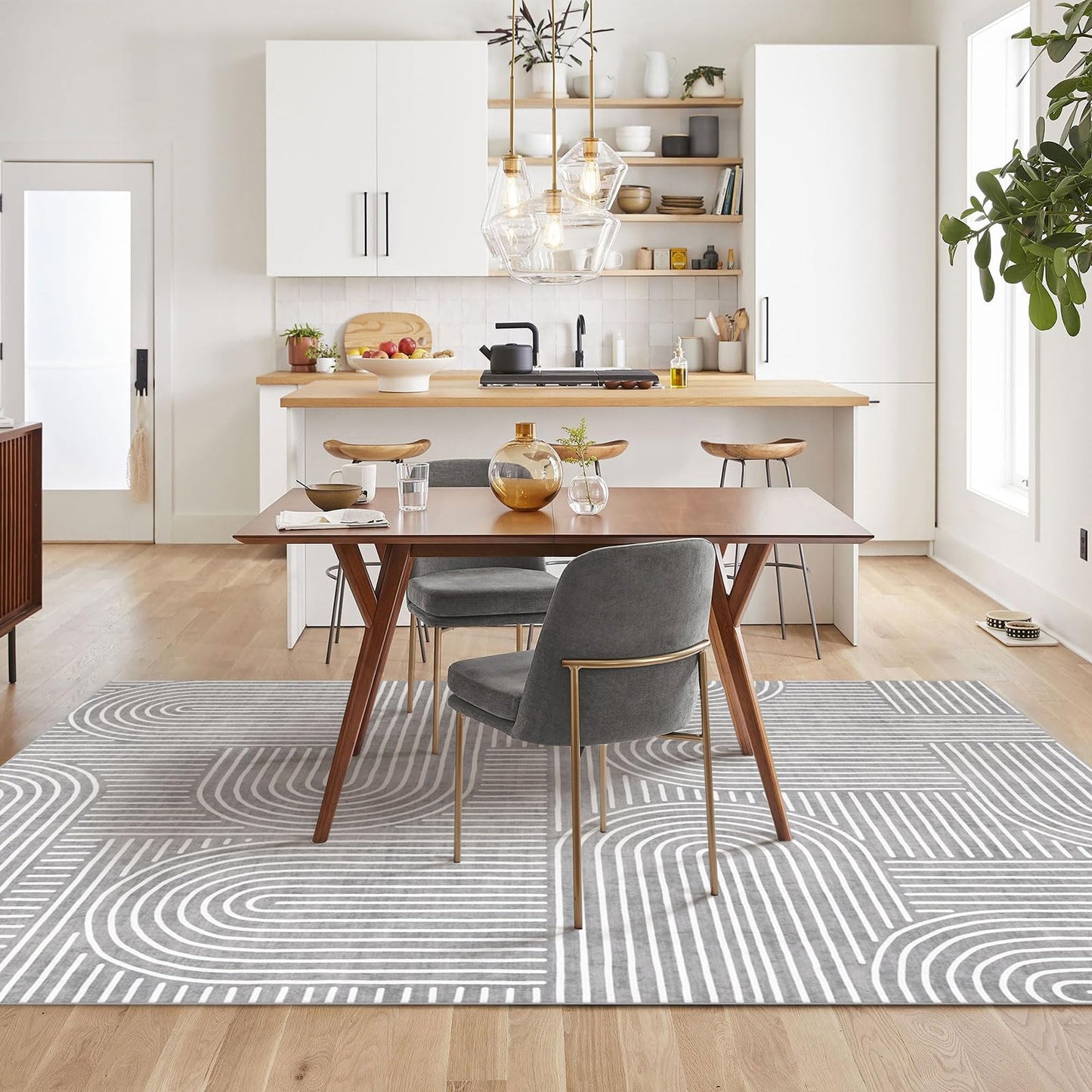 LUXRUG Washable Area Rug 5x7 - Boho Living Room Rug Soft Bedroom Rug Ultra-Thin Grey Modern Abstract Rainbow Dining Room Rugs Indoor Carpet for Living Room Nursery Room