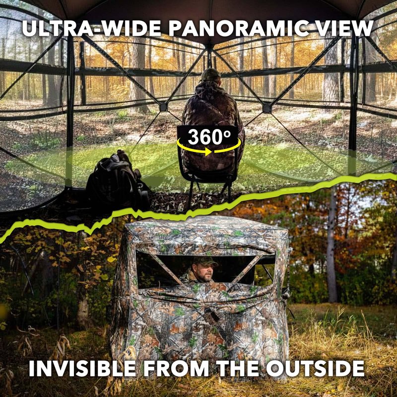 Hunting Blind 360 See Through Ground Blind for Turkey & Deer Hunting, 2-3 Person Pop Up Camouflage Tent