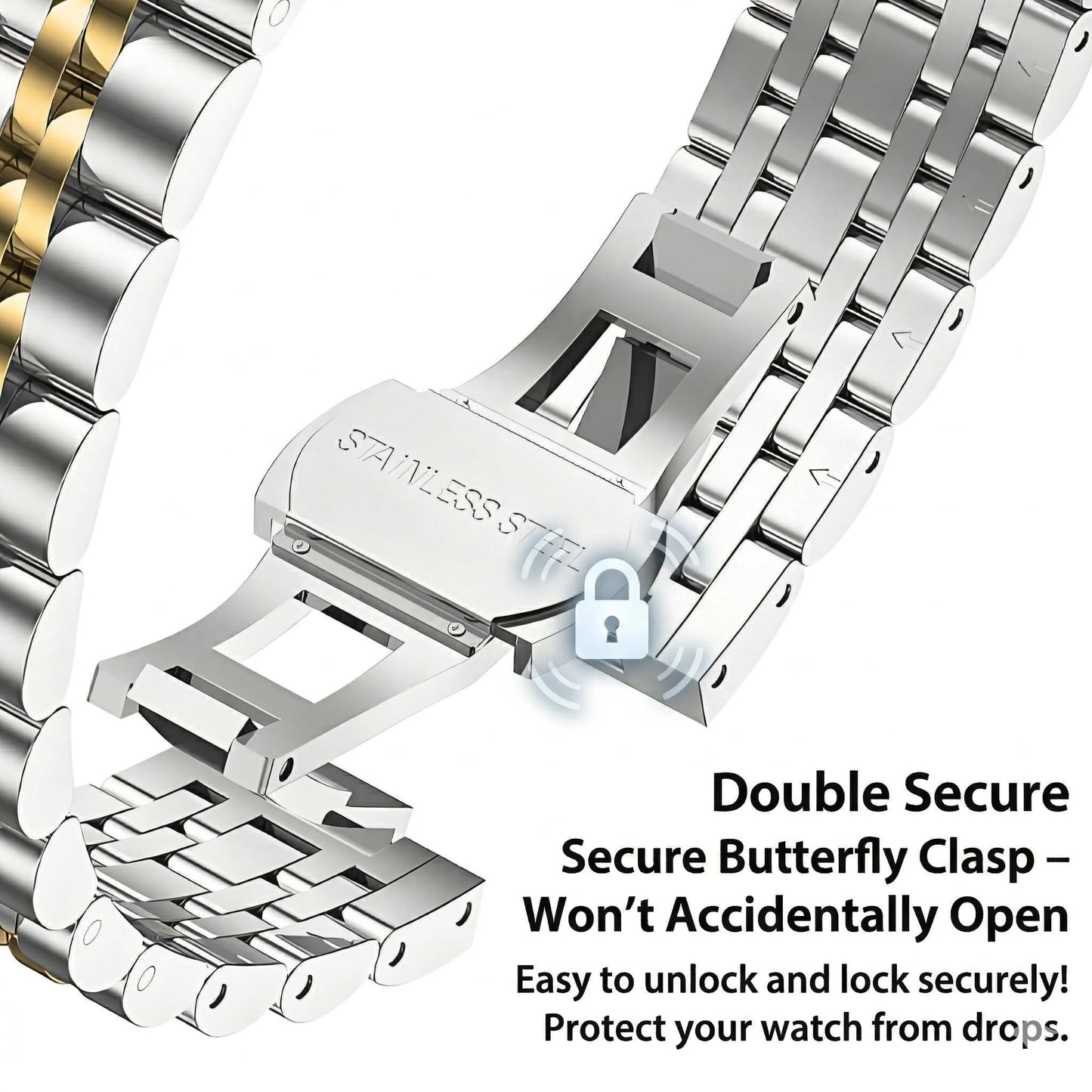 PUGO TOP Luxury Stainless Steel Band Compatible with Apple Watch Ultra 3/2/1 (49mm) & Series 11 10 9 8-1 SE 3/2/1 (46/45/44/42/41/40/38mm), Professional Business Dressy Metal Strap with Butterfly Clasp for Men Women, Adjustable Link Two-Tone Bracelet with