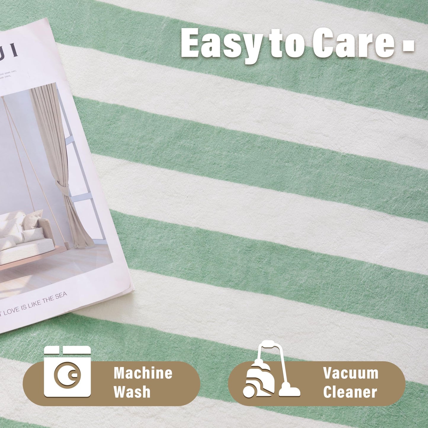 Carvapet 8x10 Area Rug - Green Striped Modern Large Carpet Low Pile, Non Slip Rubber Backing Easy Clean Foldable Big Thin Floor Mat for Living Room Bedroom