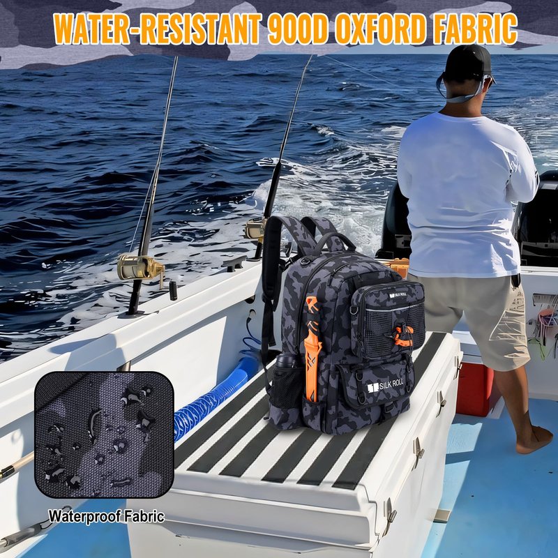 SILK ROLL 50L Fishing Tackle Backpack with Rod Holder and 4 Included 3600 Tackle Boxes - Waterproof Fishing Backpack for Ultimate Gear Organization and Storage (Black Camo)