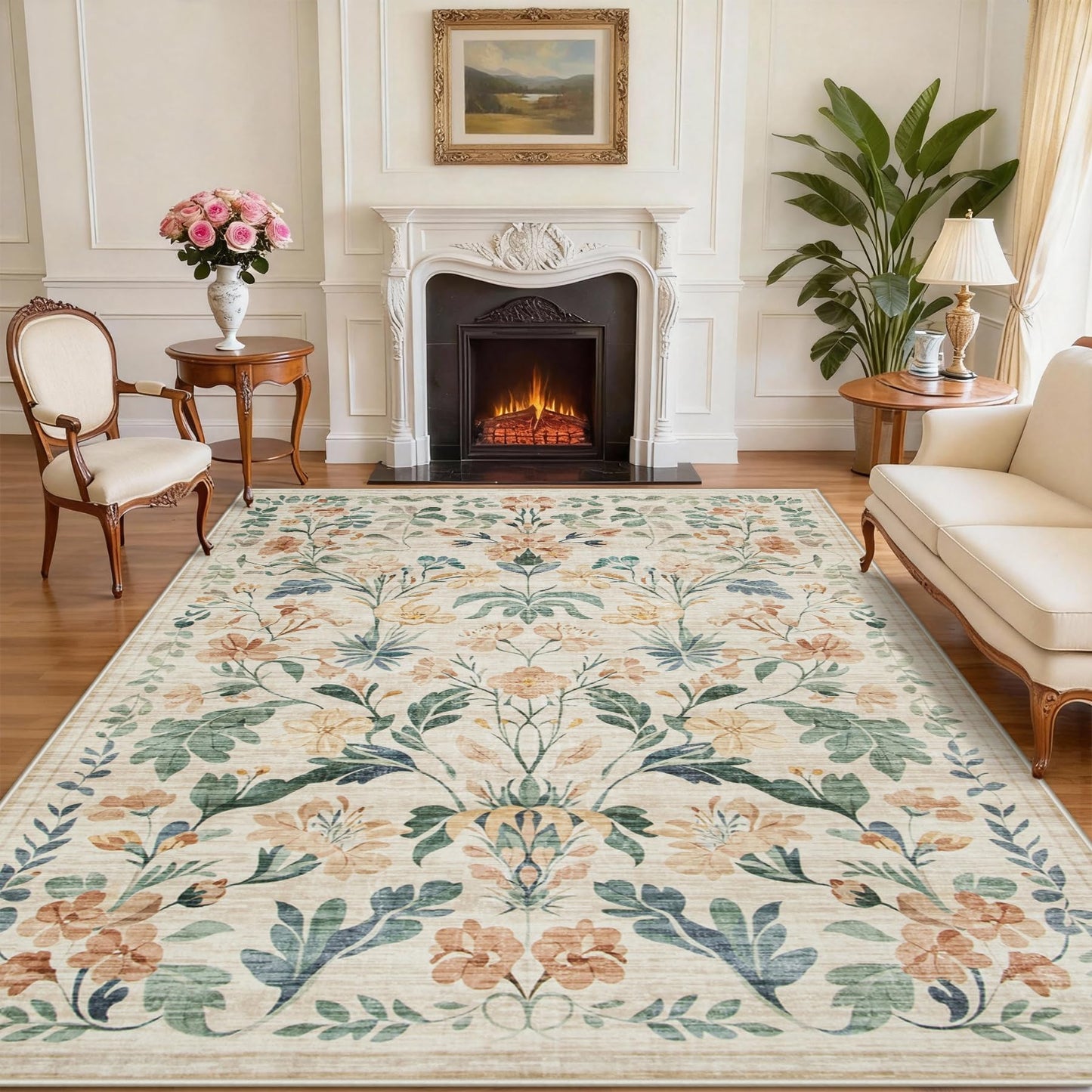8x10 Area Rugs Washable Rug: Large Boho Living Room Rug Soft Non-Slip Low Pile Carpet Indoor Floor Non-Shedding Neutral Floral Carpets for Bedroom Dining Room Farmhouse Nursery Beige