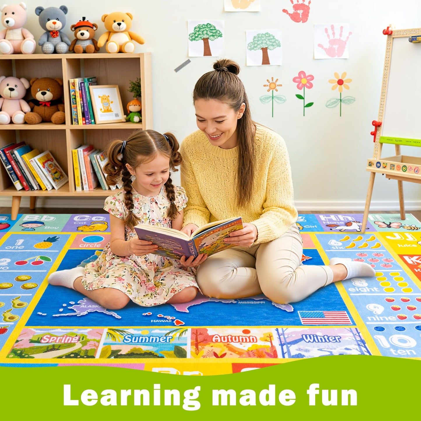 OHDS Kids Rugs for Playroom - Soft & Non-Slip 4x5 Feet Educational Rug for Learning ABC Alphabet, Numbers, Shapes & Map, Washable Classroom Rug for Toddler Nursery & Kids Room Decor