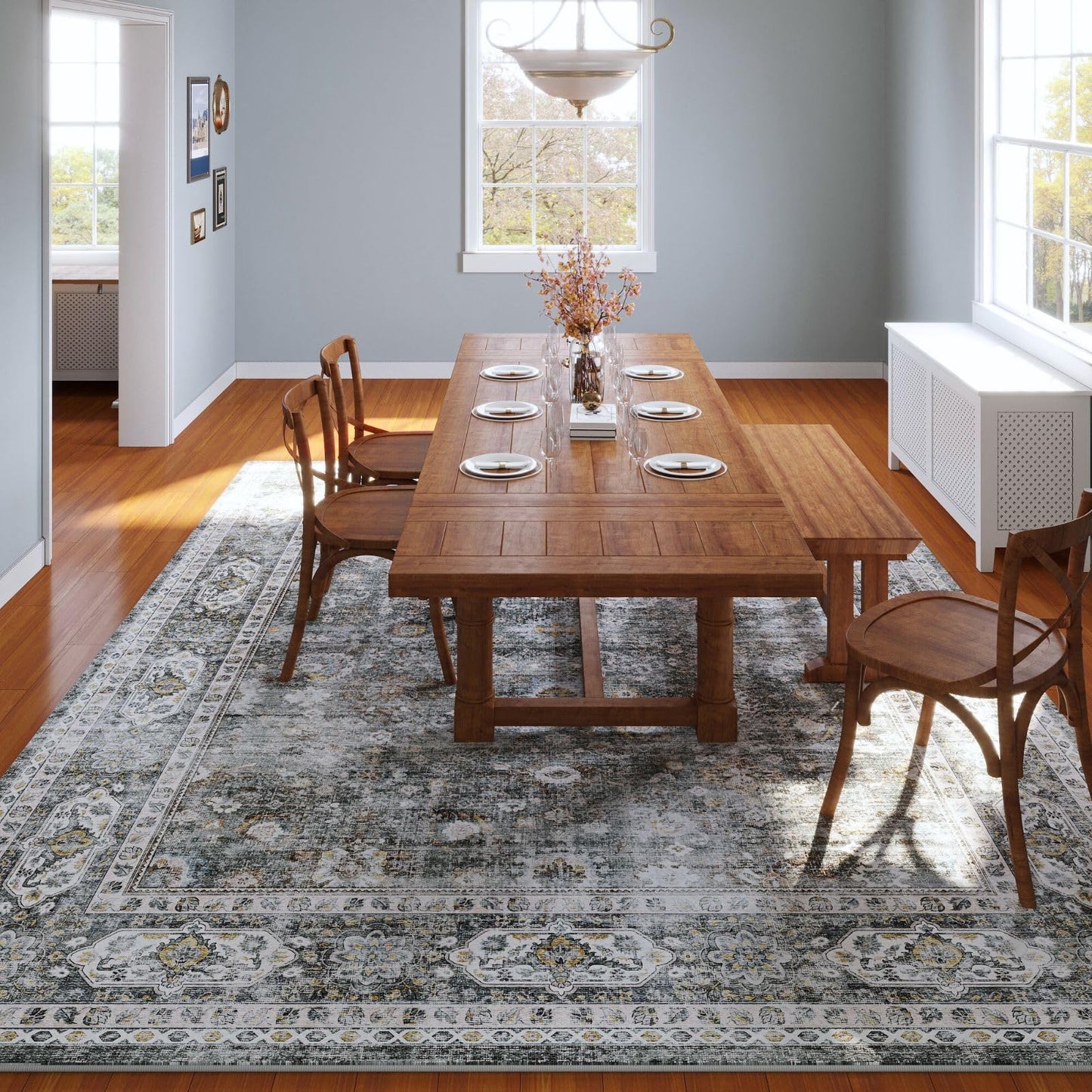 Rugcomf 8x10 Rug Washable Boho Soft Large Area Rug Non-Slip Faux Wool Vintage Rug for Living Room, Farmhouse, Dining Room, Indoor, Kids Playroom (Grey)