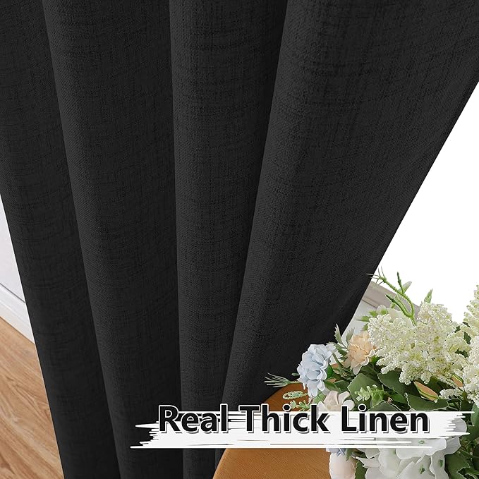 Tollpiz Short Linen Curtains Living Room Rod Pocket Semi Sheer Curtain Burlap Light Filtering Thick Linen Drapes for Bedroom, 54 x 54 inches Long, Black, Set of 2 Panels