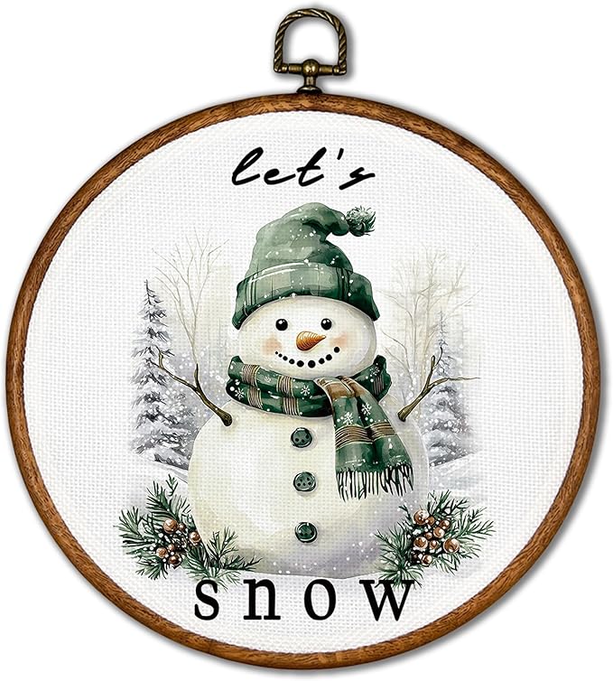 KSDUT Winter Wall Decor Art - Snowman Snowy Wall Art Canvas Frame Hanging Prints, Xmas Holiday Let it Snow Round Wall Art Decor for Home Bedroom Decorations 10"x10"