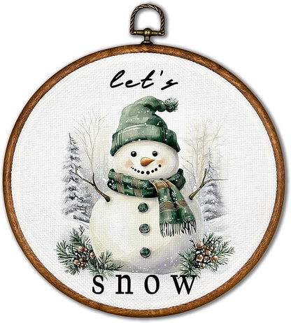 KSDUT Winter Wall Decor Art - Snowman Snowy Wall Art Canvas Frame Hanging Prints, Xmas Holiday Let it Snow Round Wall Art Decor for Home Bedroom Decorations 10"x10"