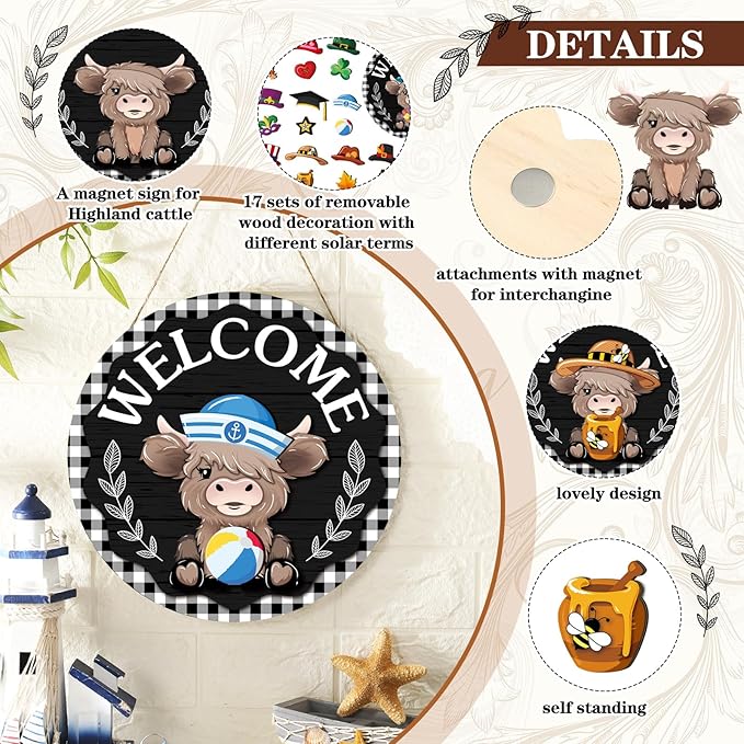 35 Pcs Christmas Interchangeable Highland Cow Welcome Sign Highland Cow Seasonal Wooden Hanging Door Decor Thanksgiving Farmhouse Hanging Sign for Front Door Xmas Party Decoration Gift