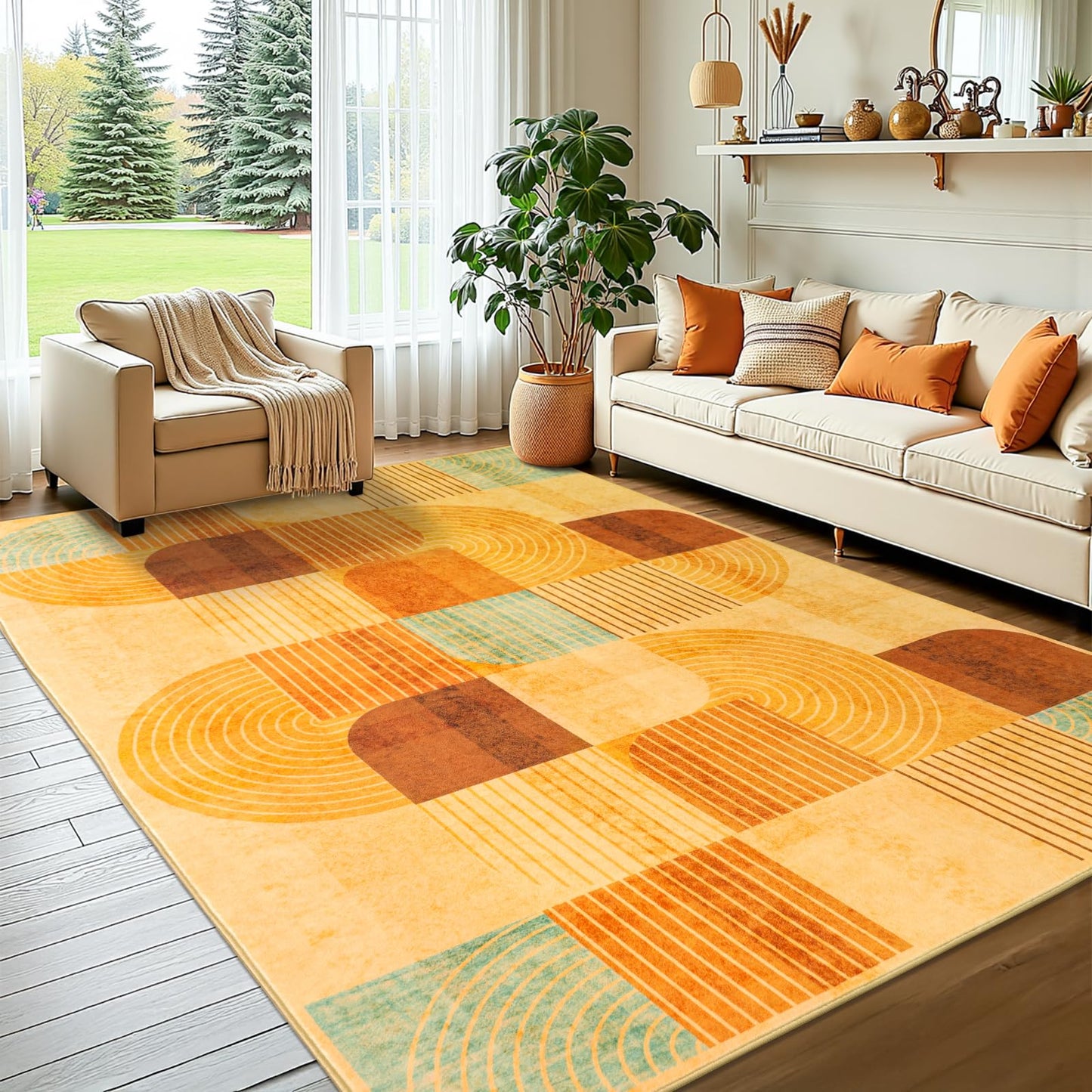 OHDS 5x7 Area Rugs for Living Room, Soft Modern Geometric Rug for Bedroom, Washable Non-Slip Indoor Floor Abstract Carpet for Dining Room Nursery Home，Multi/Orange
