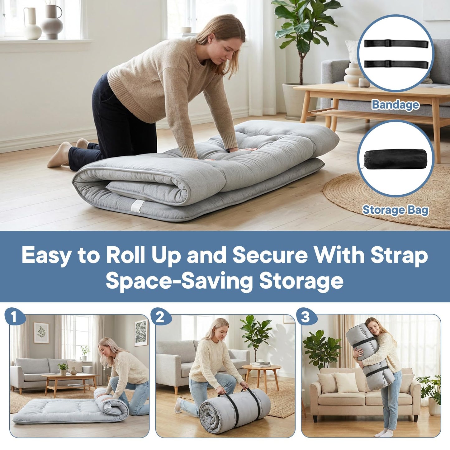 DUMOS Japanese Floor Mattress Queen Size, Futon Mattress Foldable with Removable Washable Cover, Portable Roll Up Tatami Mat for Small Bedroom, Couples, Family Movie Night and Home Use, Gray