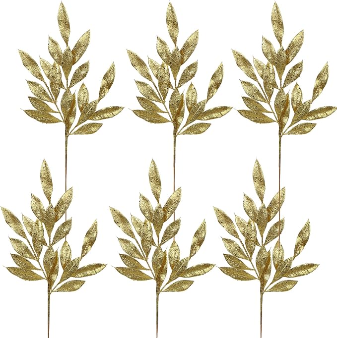 DILATATA 6Pcs Christmas Glitter Leaves Bay Leaves Spray 24" Artificial Gold Bay Leaf Picks Sprays Giltter Stems for Christmas Tree DIY Xmas Wreath Garland Home Decor - Gold