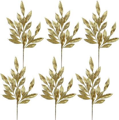 DILATATA 6Pcs Christmas Glitter Leaves Bay Leaves Spray 24" Artificial Gold Bay Leaf Picks Sprays Giltter Stems for Christmas Tree DIY Xmas Wreath Garland Home Decor - Gold