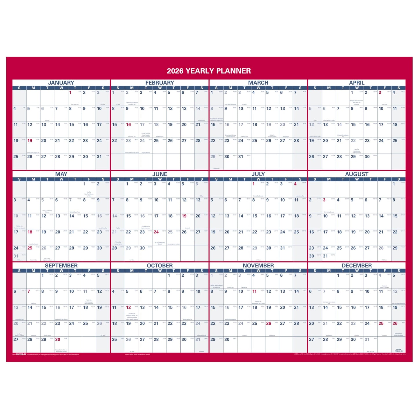 AT-A-GLANCE 2026 Erasable Calendar, Dry Erase Wall Planner, 12" x 16", Small, Vertical-Horizontal, Reversible, Compact (PM330B2826)