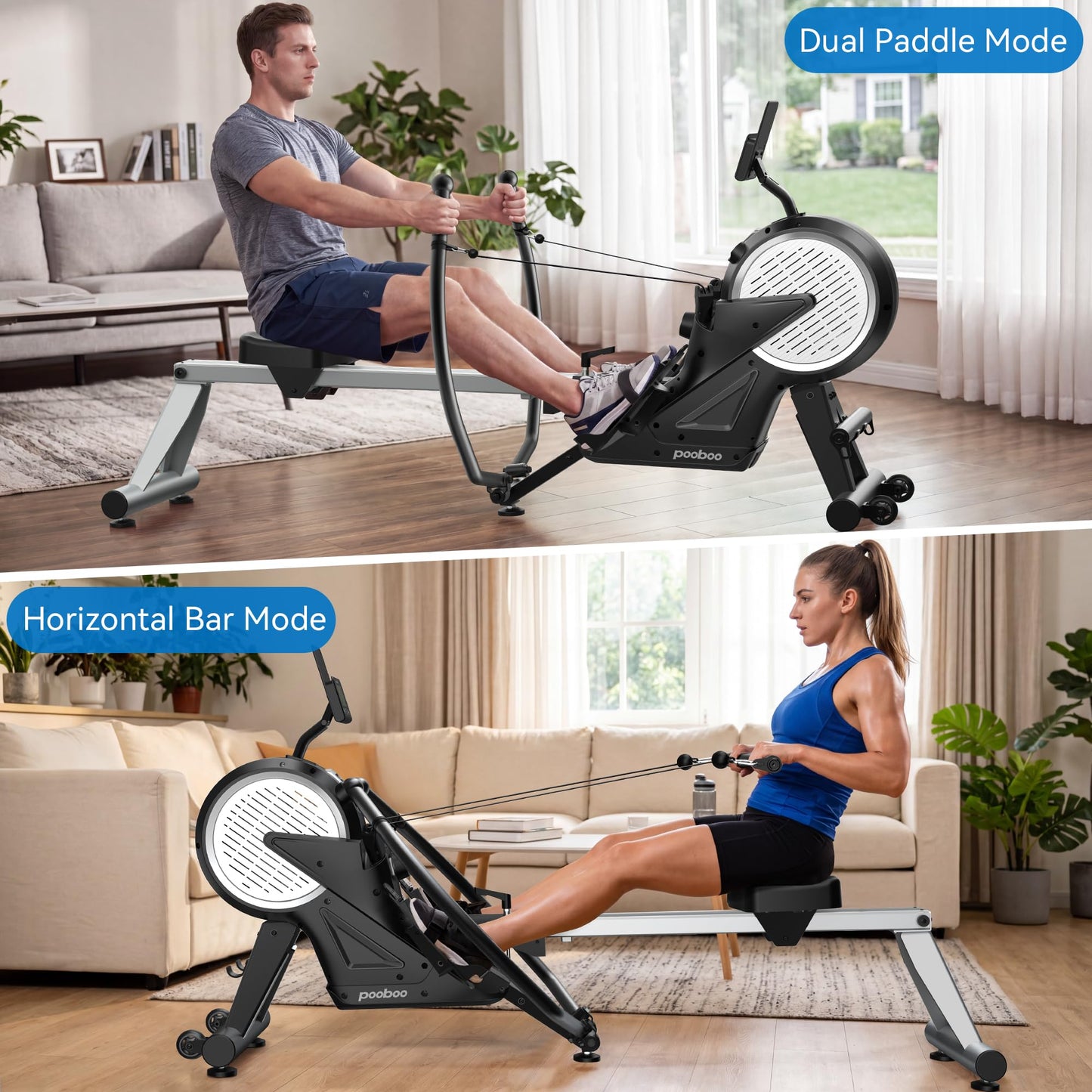 pooboo Rowing Machines for Home, Dual Wind & Magnetic Resistance, Foldable Row Machine 400 LB Weight Capacity, 14 Levels Resistance Quiet Rowers for at Home Exercise, App Supported