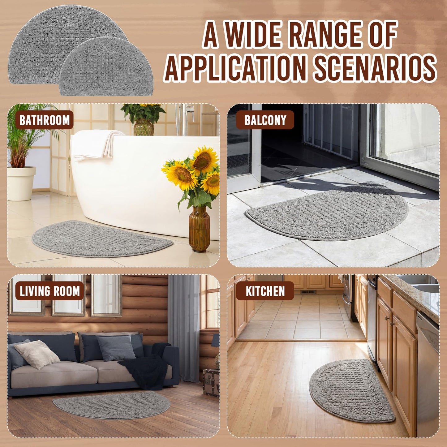 Drydiet 2 Pcs Kitchen Rugs 15 x 22 Inches 18 x 30 Inches Kitchen Mats Non Skid Washable Doormat Indoor Entrance Absorbent Standing Half Circle Carpet for Home Floor Patio Garage Door(Grey)