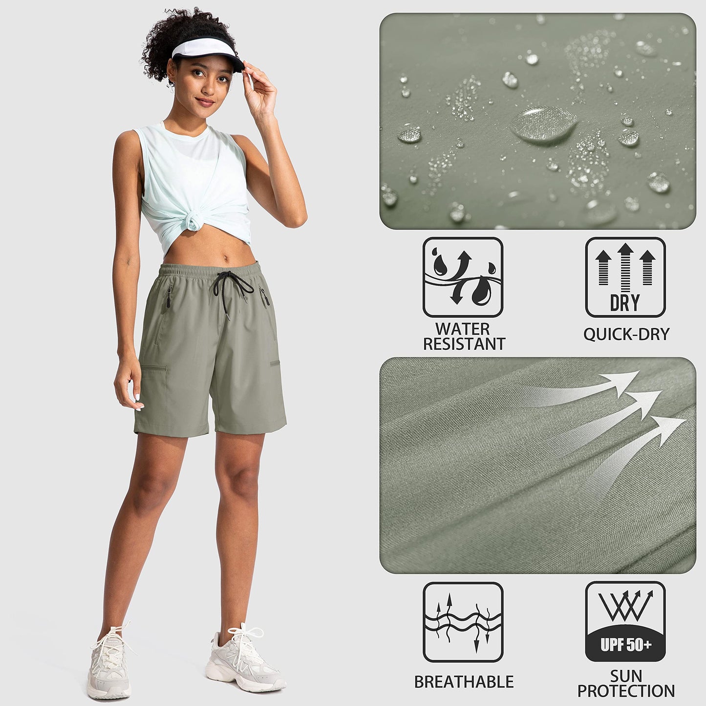 SANTINY Women's 5''/ 7''/9'' Hiking Cargo Shorts Quick Dry Lightweight Summer Shorts for Women Athletic Golf Zipper Pockets(Silver Sage_L)