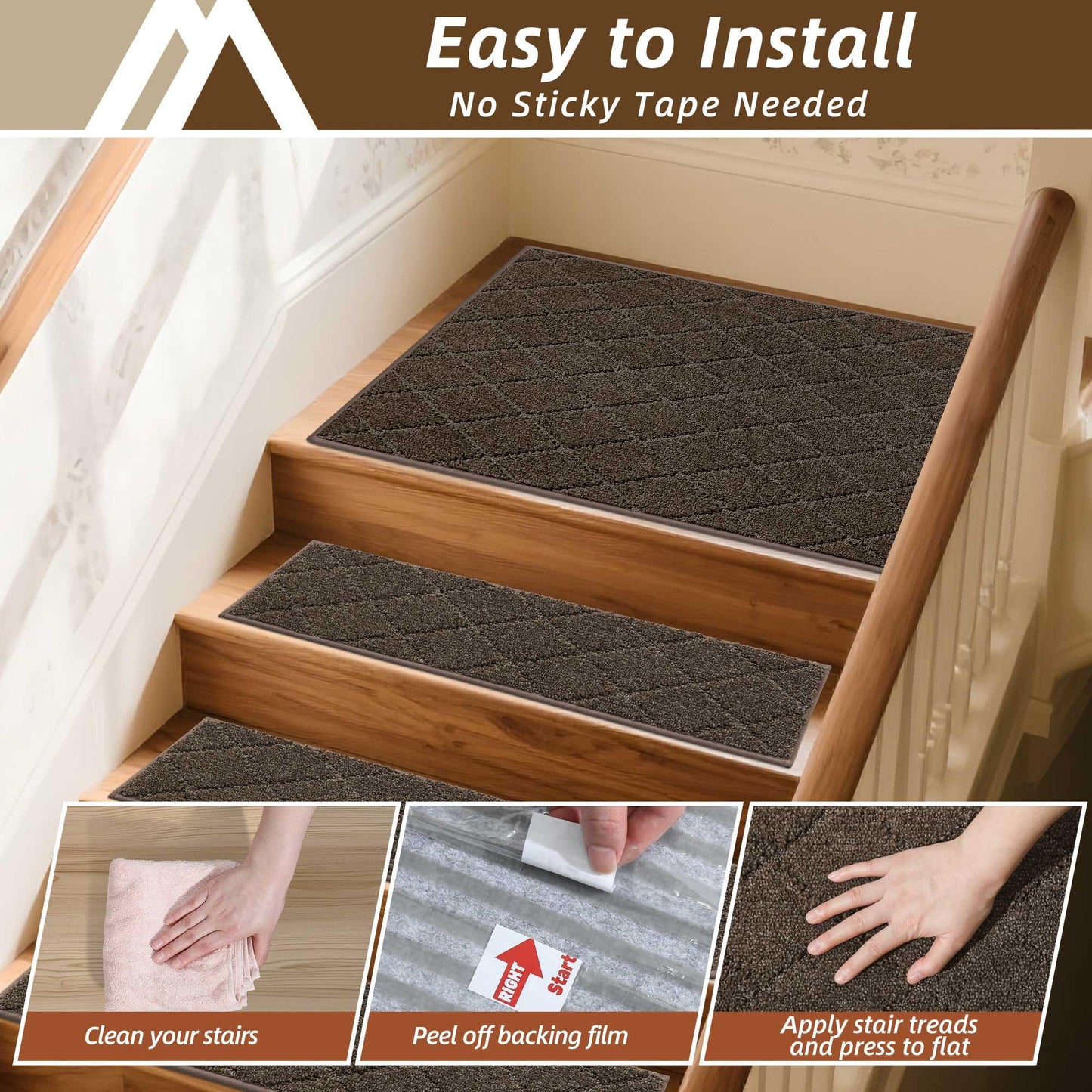 COSY HOMEER Edging Stair Treads Non-Slip Corner Indoor Stair Runners for Wooden Steps,Landing Slip Resistant Stair Rugs Mat for Kids and Dogs,100% Polyester TPE Backing,Brown,30x30 inch