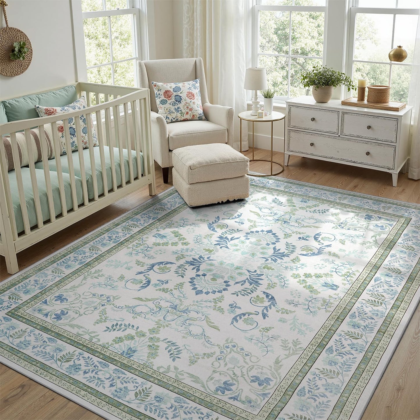 DCX Green 5x7 Rug, Kid & Pet Friendly with Rubber Back Non Slip, Machine Washable Stain Resistant Botanical Floral Rug for Living Room, Bedroom, Home Office, Soft Low Pile Large Nursery Carpet