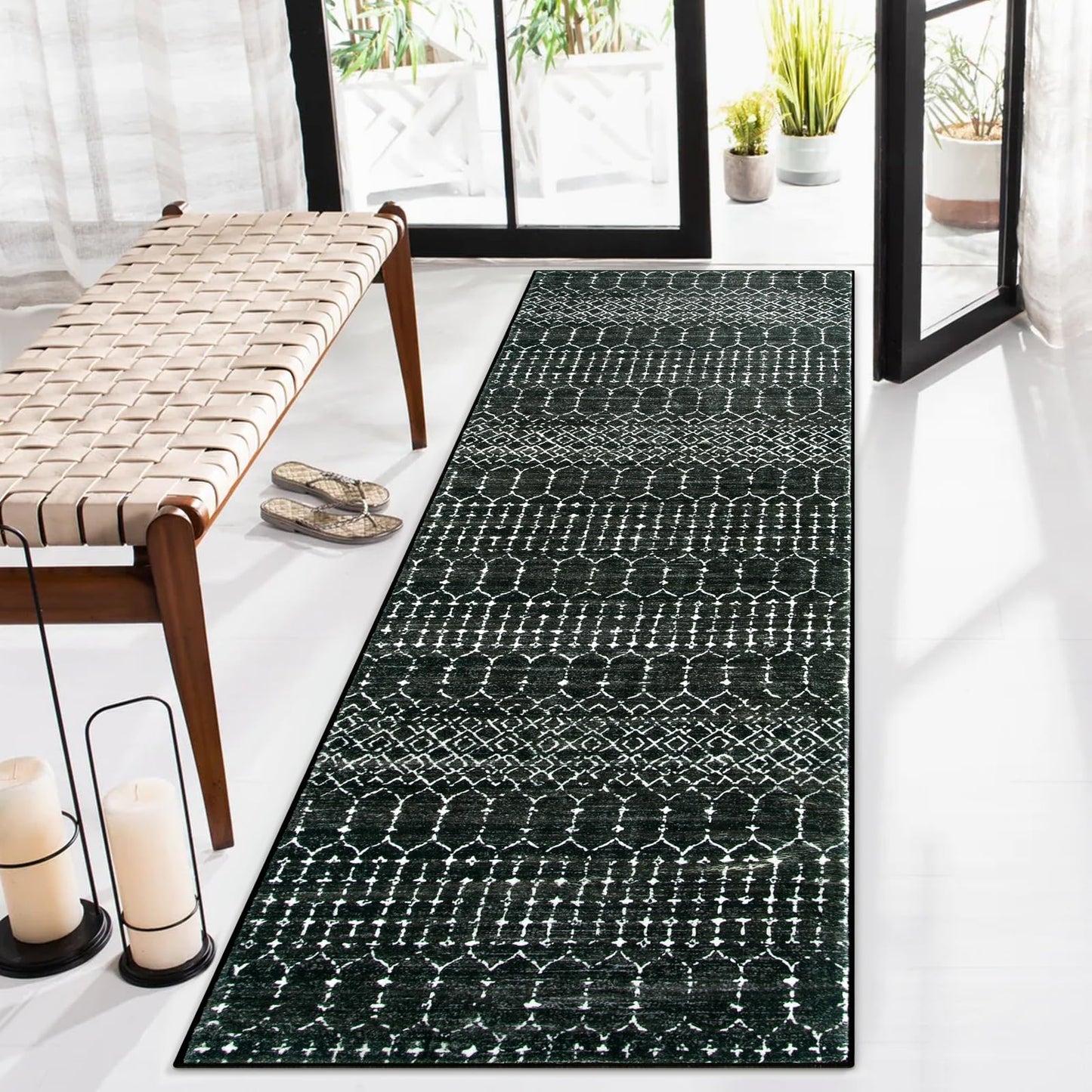 Lahome Moroccan 2x6 Black Runner Rug Non-Slip, Kitchen Rug Runner Washable Non-Skid Hallway, Geometric Print Distressed Carpet for Entryway Laundry Hana