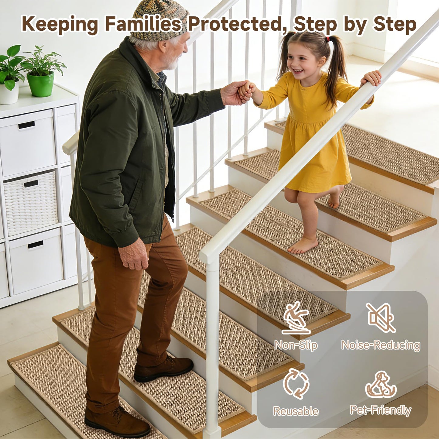 Carpet Stair Treads for Wooden Steps Indoor, 8x30 Inch Non-Slip Stair Runner & Treads for Wooden Steps with Reusable Adhesive -15-Pack (Beige), Safe for Kids, Elders, Pets