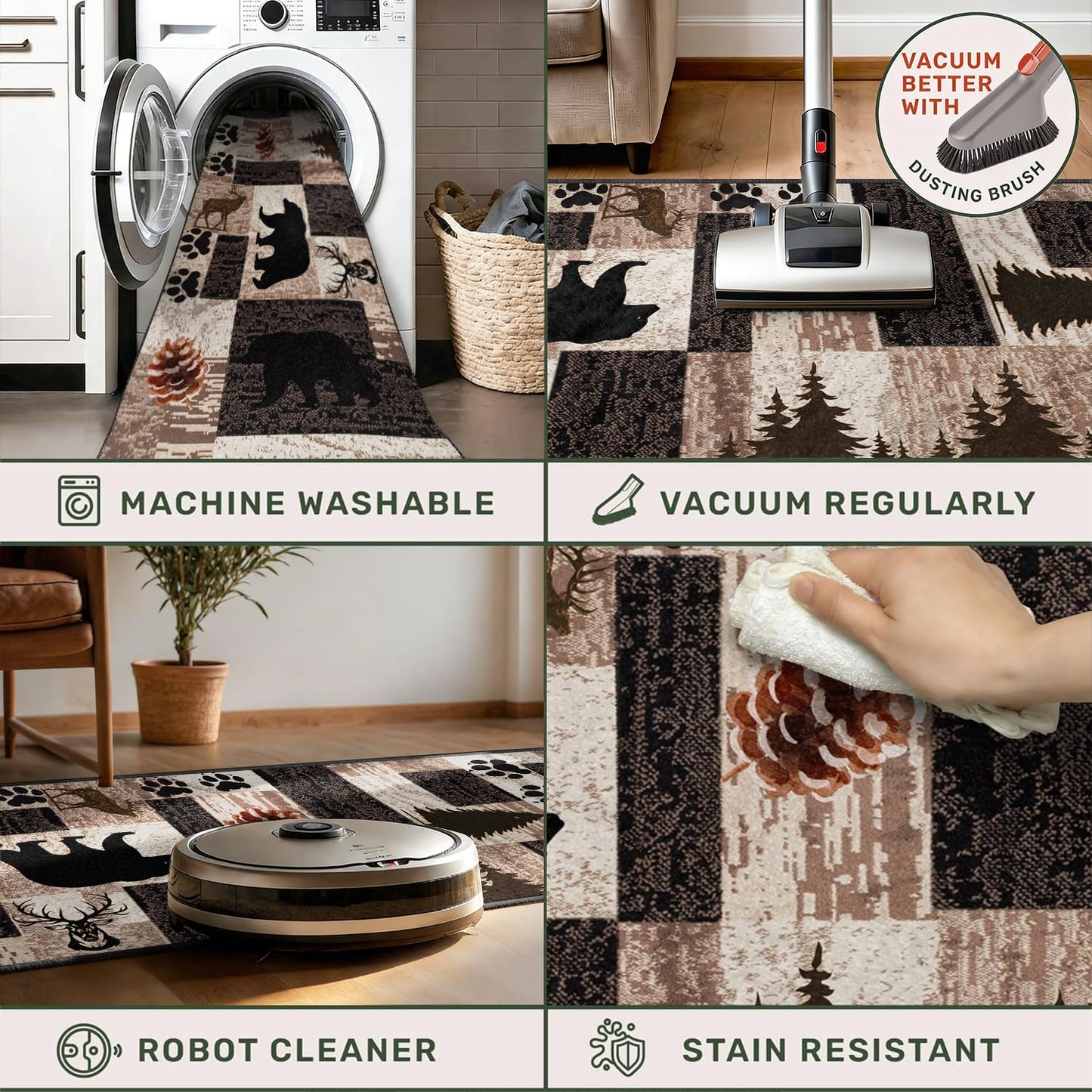 Puyosvr Rustic Lodge Runner Rug,2x7ft,Western Country Bear Elk Deer Wildlife Log Design,Forest Landscape Hunting Theme Rug,with Non Slip Backing Washable Rugs, Non Slip Pet Friendly Rug for Hallway