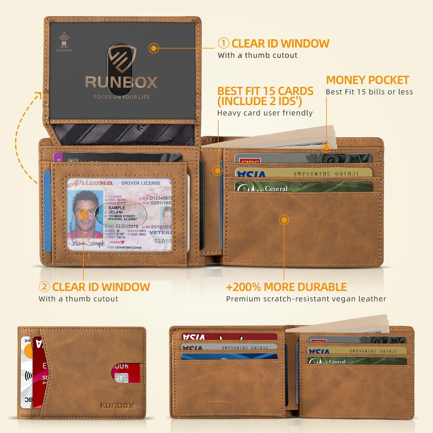 RUNBOX Wallet for Men - Slim Rfid Leather Bifold 2 ID Window With Gift Box Men's Accessories