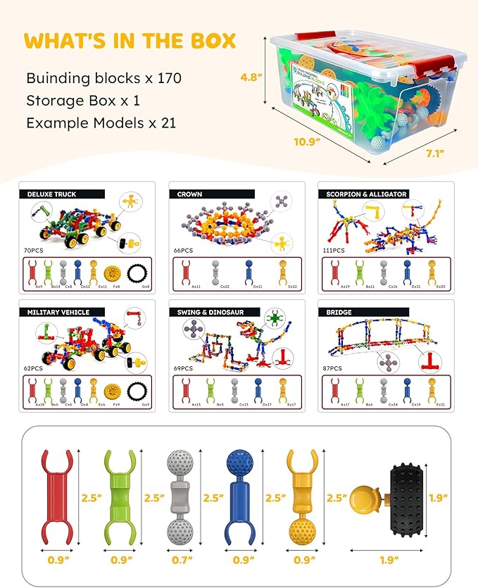 Inovakids Building Blocks - 170 Pcs STEM Building Toys For 3+ Years Old Kids with 21 Exemplar Model Big Box Storage Preschool Montessori Sensory Educational Toys Gift for Birthday Chrismas Easter