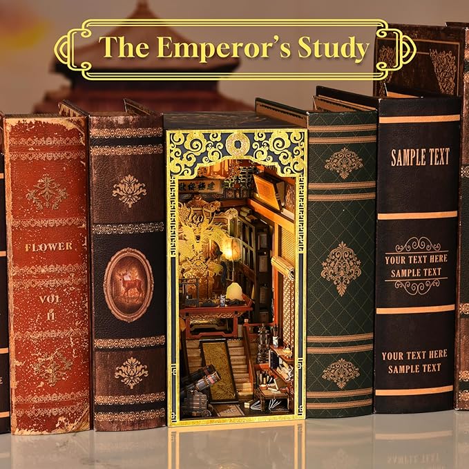 Book Nook Kit DIY Dollhouse Booknook Book Nook Miniature Kit for Bookshelf Insert Decor Crafts for Adults Teen Halloween 3D Wooden Puzzle with Led Light (The Emperor's Study)