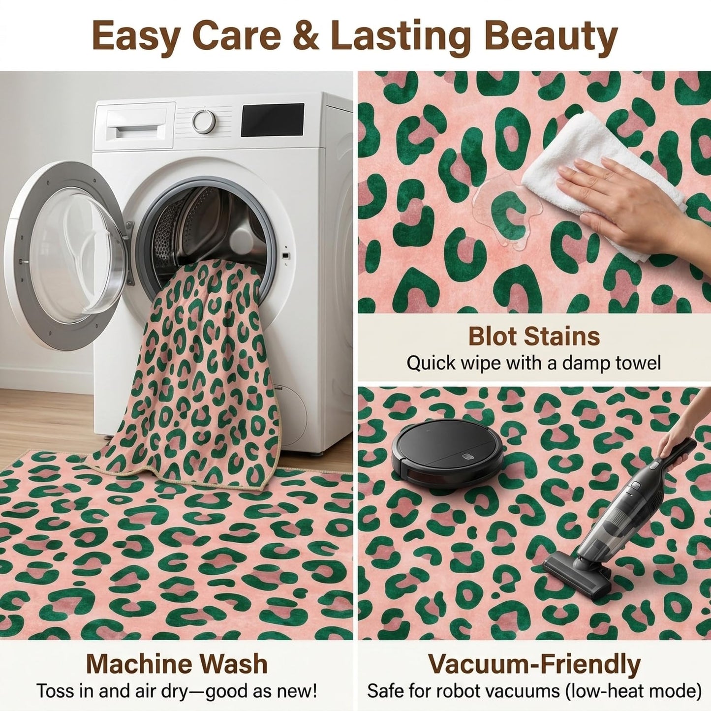 BreezeRise 5x7 Area Rug for Living Room，Modern Abstract Boho Pink and Green Leopard Print Non-Slip Washable Bedroom,Dining Room