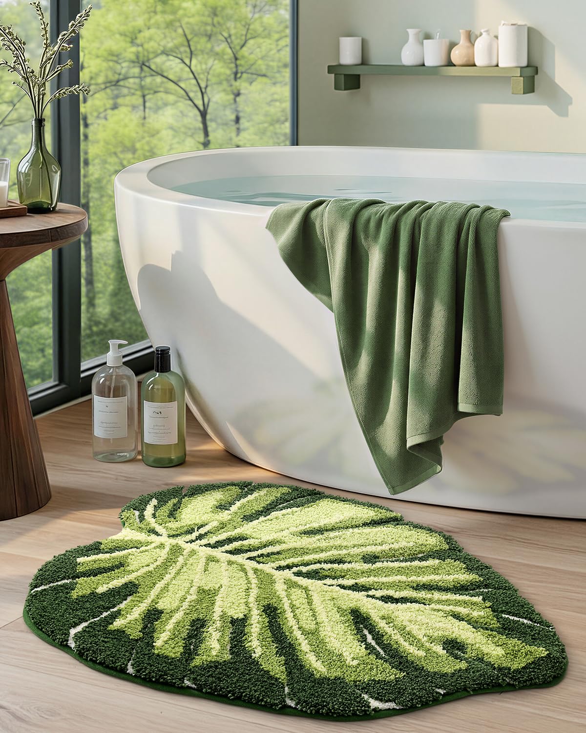 DEXI Leaf Bathroom Rugs Monstera, 31.5x23.5 Soft Fluffy Cute Bath Mat with Non Slip Backing, Washable Absorbent Bath Rug Quick Dry for Shower Floor, Toilet, Bedroom, Kids Room, Green