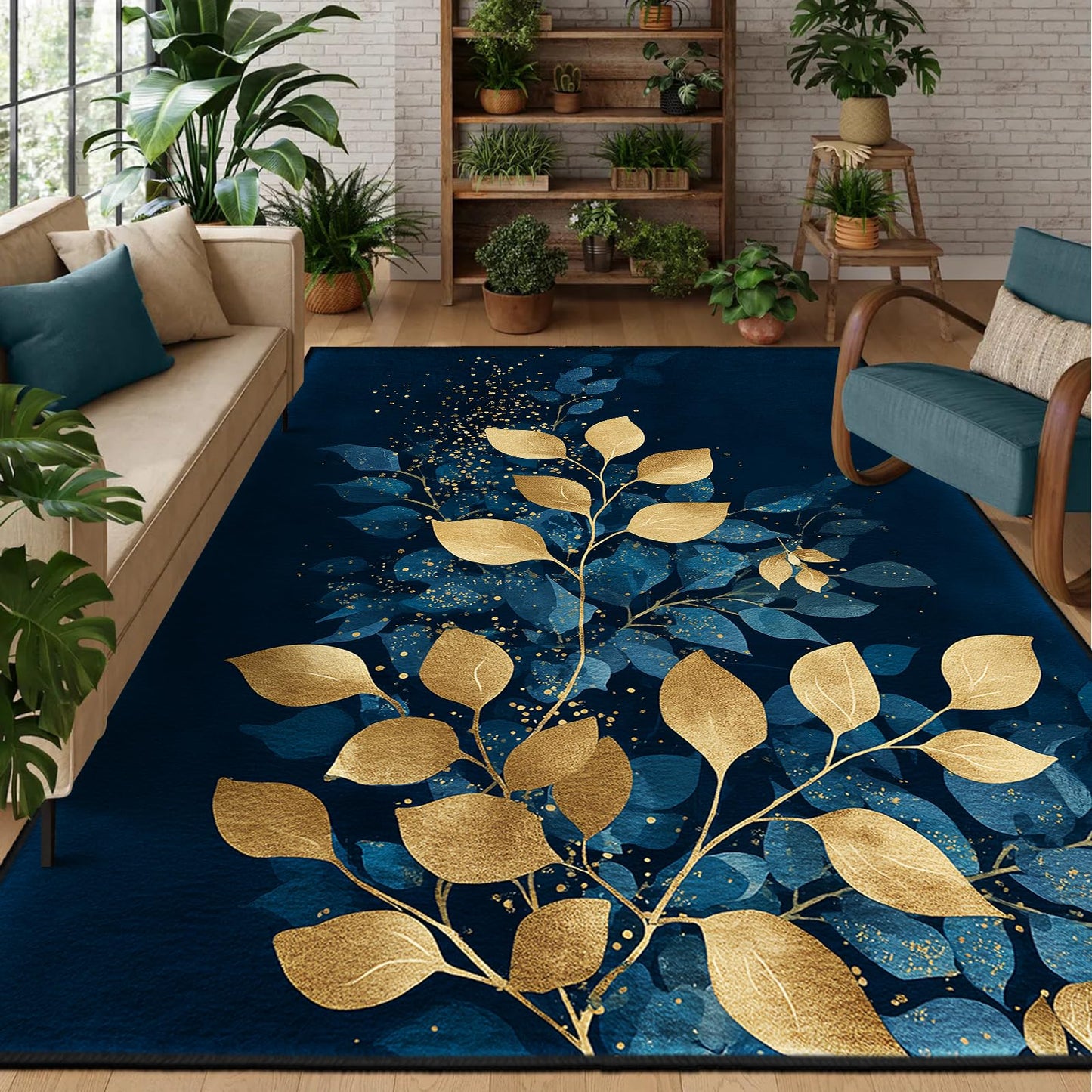 AQQA Quiet Luxury Abstract Leaves Area Rug - Navy & Gold Foil Texture Art Carpet - Machine Washable Faux Cashmere Rug - Non-Slip Decorative Floor Mat for High-End Home Decor