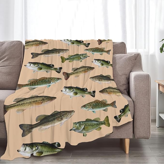 Fish Bass Blanket Decor Gifts for Fishing Lovers Flannel Fleece Fuzzy Throw Blanket Soft Warm Cozy Plush Ocean Animal Blanket for Bed Couch Living Room Stuffed Decoration for Kids Adult Man 80"x60"