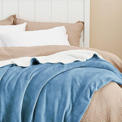 Bedsure GentleSoft Sherpa Fleece Blankets Queen Size for Bed - Thick and Warm Throw for Men, Soft Fuzzy Plush Queen Blanket for Winter, Washed Blue, 90x90 Inches