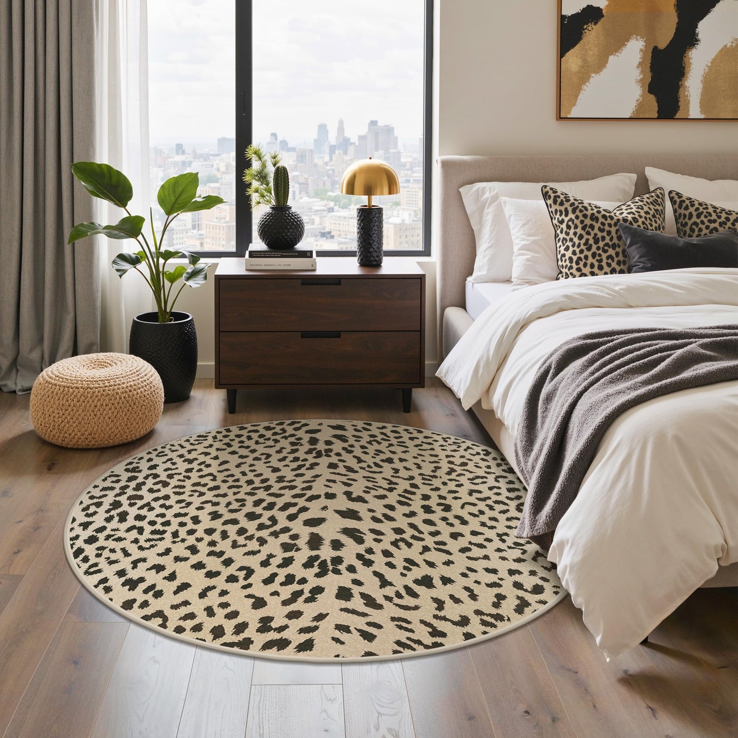 Bavni 5FT Leopard Round Area Rugs for Living Room, Machine Washable Animal Rug Foldable Ultra-Thin Indoor Non Slip Brown Carpet Print Mat,Bedroom Dining Room Home Office, Light Brown