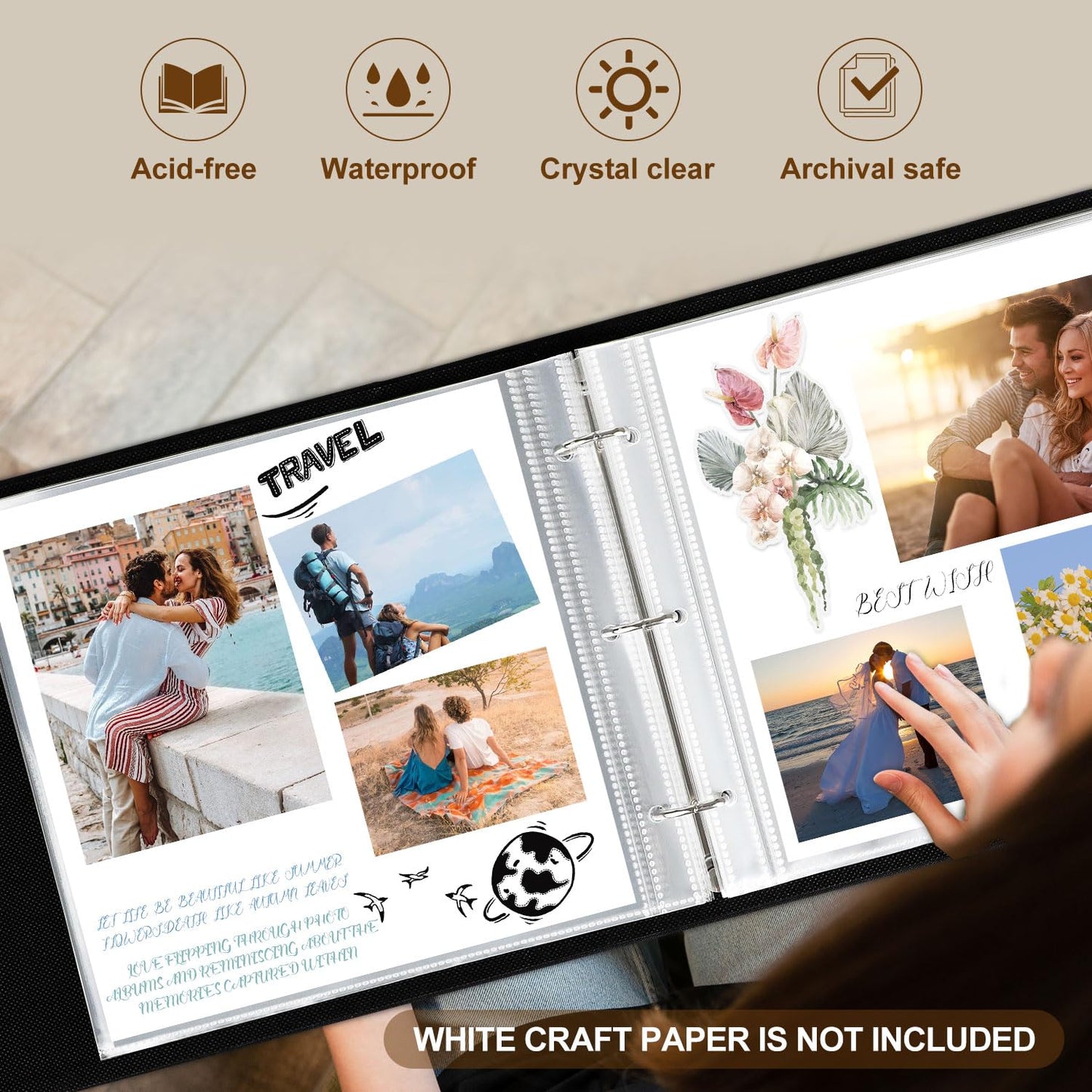 Lanpn 12x12 inch Scrapbook Photo Album, Linen Cover Archival Acid Free Top Load 3 Ring Binder Folder Photo Book 12 x 12 with 30 Plastic Sleeves 60 Pages (Black)