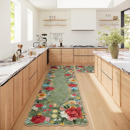Kitchen Rug Runners for Hallways: 2'6''x10' Washable Runner Rugs for Kitchen Ultra Thin Stain Resistant Non Slip Low Pile Lightweight Vintage Floral Carpet for Farmhouse Decor (Green)