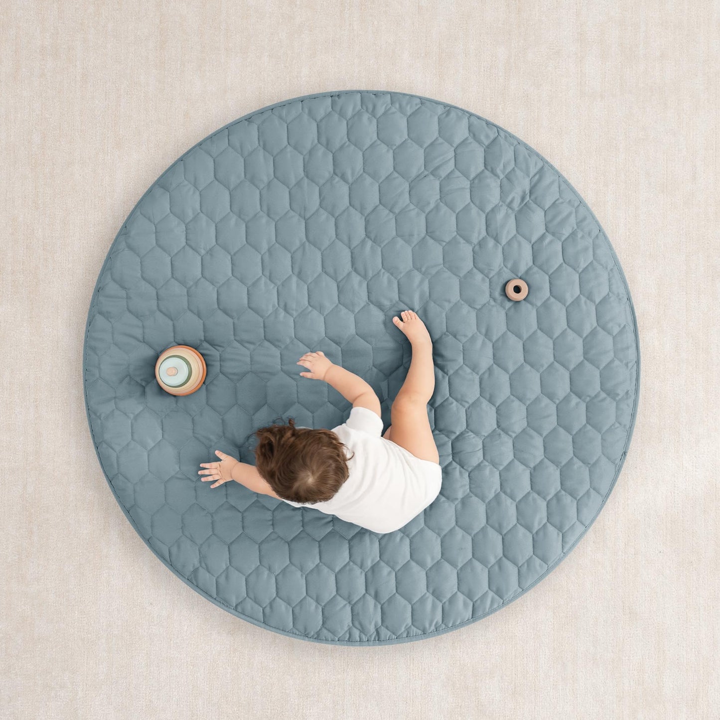Comfy Cubs Round Kids Play Mat - Medium 48 inches Soft Quilted Baby Floor Mat with Non-Slip Bottom - Plush Design for Toddlers' Playtime - Comfortable and Durable - Pacific Blue