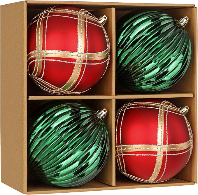 4.7" Large Plastic Christmas Balls Ornaments Set of 4, Glitter Shatterproof Christmas Bulbs Ornaments for Xmas Tree Decorations, Red and Green Ornament for Tree, Mantel, Garland, Winter, Holiday Decor