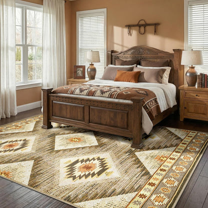 Area Rug 8x10 Rug Machine Washable Non-Slip Low Pile Print Pattern Western Rug for Living Room Bedroom Entryway Tribal Series -Cream/Camel