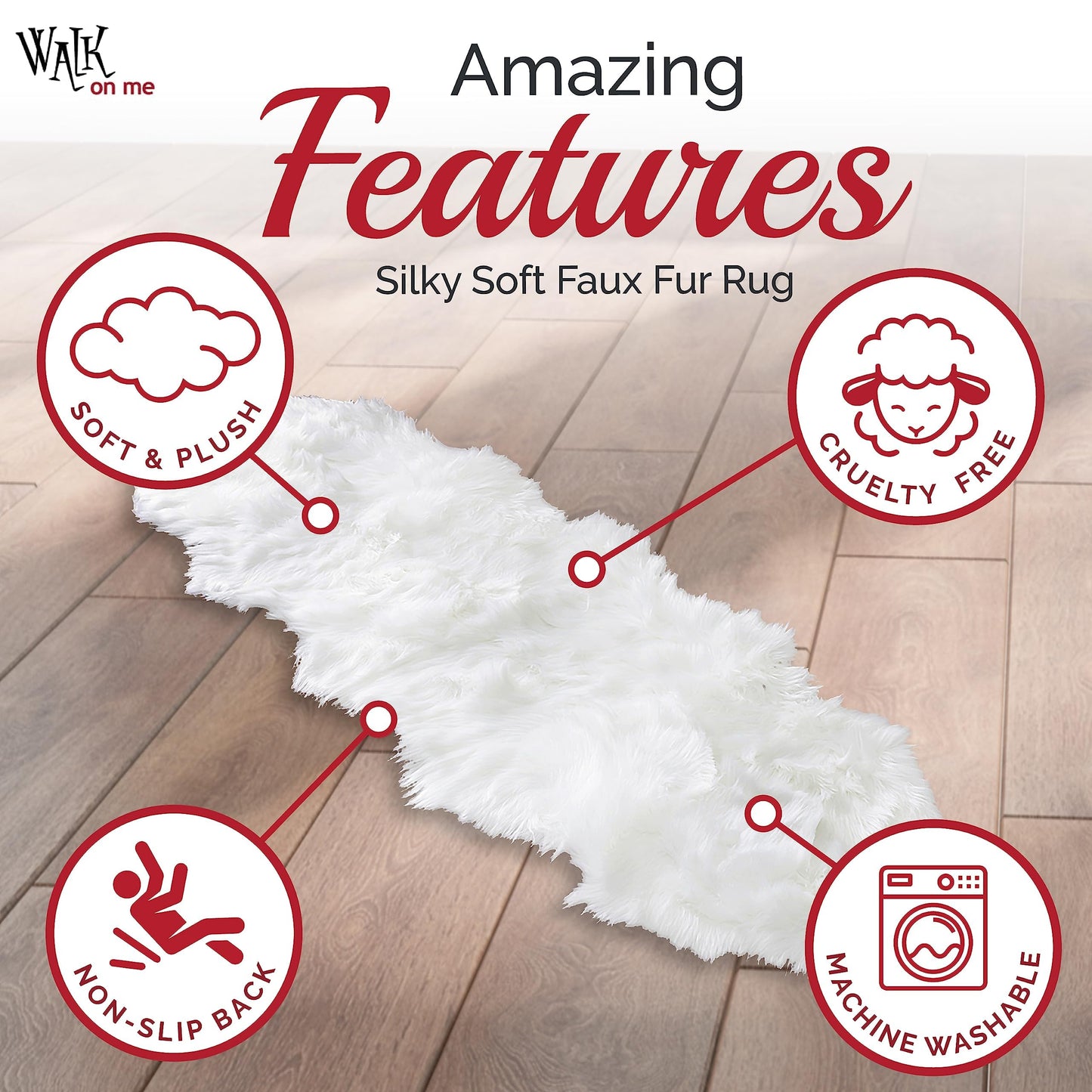 Walk on Me White Double Pelt Faux Fur Sheepskin Rug: Ultra Soft, Super Thick, Fluffy 2x6 Feet, Living Room, Bedroom, Office, Synthetic, Latex, Non-Slip