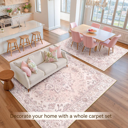 RELEANY Area Rugs 5'x7' Washable Non-Slip, Floral Vintage Distress Medallion Carpet for Living Room Bedroom Dining Room, Pink Greypink Cute