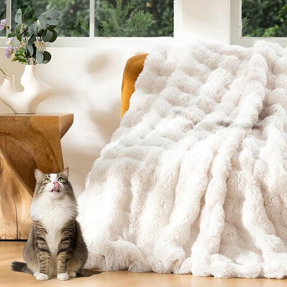 Luxury Faux Fur Throw Blanket 3D Bubble for Couch - Fluffy Blanket Double-Sided Non-Shedding, 60x80 Inches, Fits Bed/Car/Camping/Patio, Gift for Women,Room Decor,White