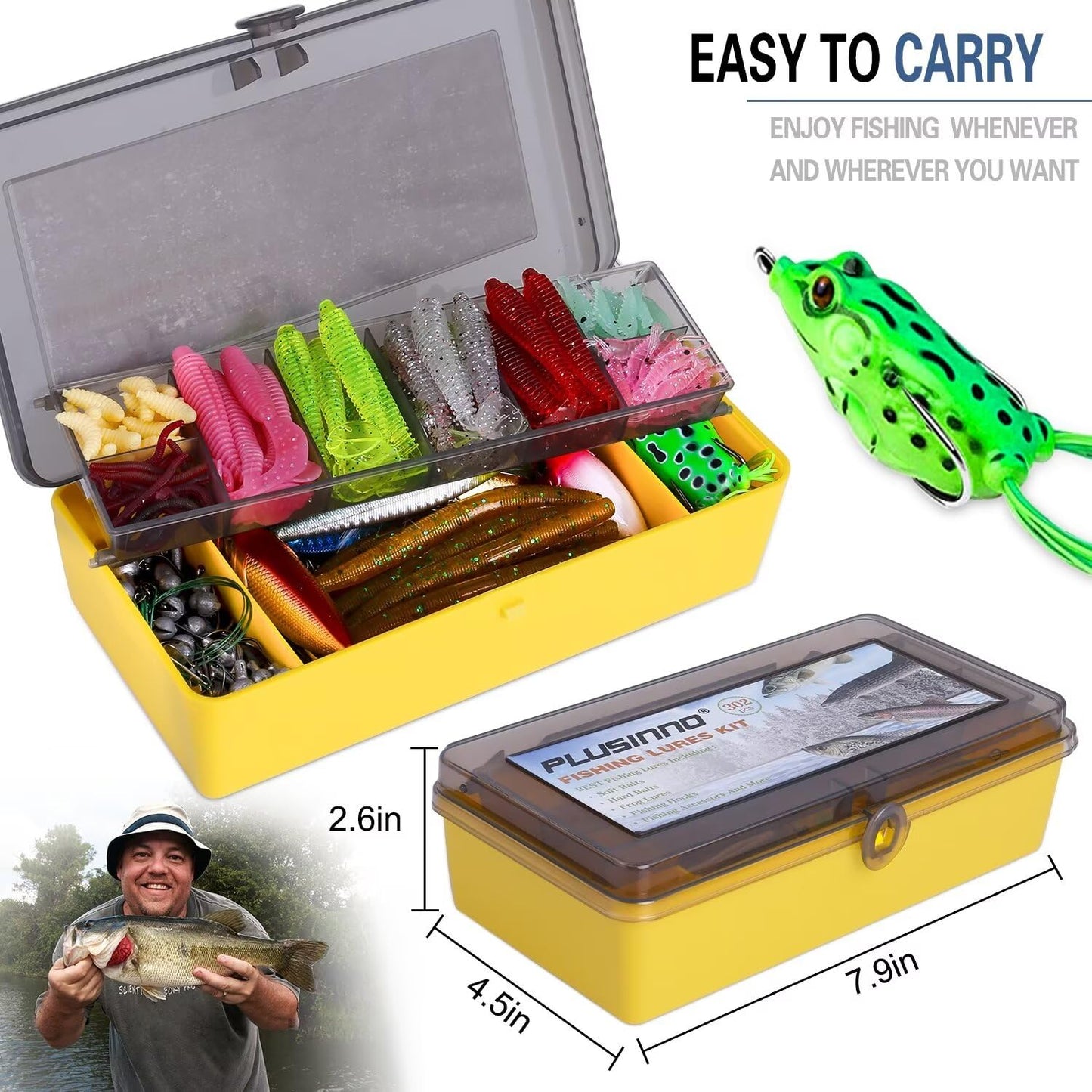 PLUSINNO 302Pcs Fishing Lures, Fishing Tackle Box with Tackle Included, Crankbaits, Spinnerbaits, Hooks, Weights & Accessories - Freshwater Bass Fishing Gear Lure Bait Equipment Kit Gift for Men