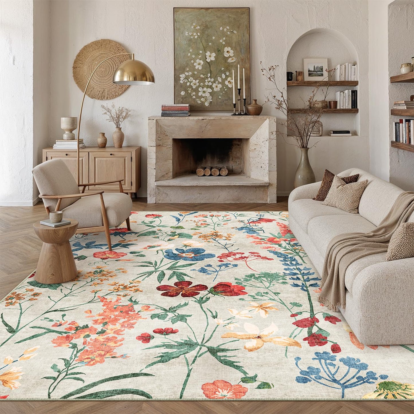 PureCozy Beige Area Rug 6x9 Floral Washable Living Room Kitchen Boho Carpet Non Slip Low Pile Indoor Accent Lightweight Soft Throw Rug for Bedroom Office Dining Room Nursery Farmhouse