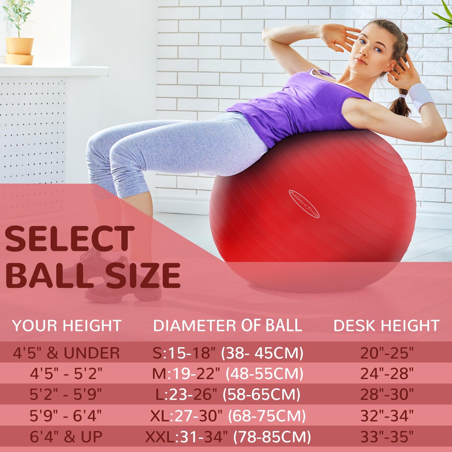 Fitvids Anti-Burst and Slip Resistant Exercise Yoga Ball with Quick Pump 48-55cm, M, Red