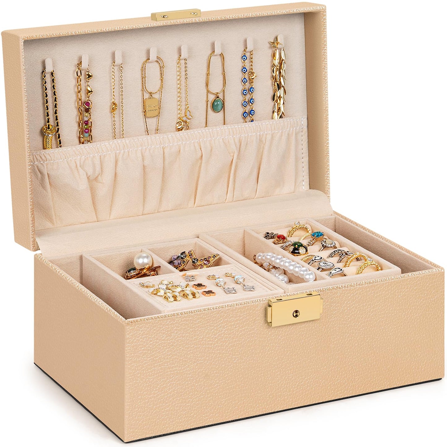 AKOZLIN Travel Jewelry Box Organizer Functional 2-trays Leather Jewelry Storage Case with Lockable Portable for Women Girls Ring Necklace Earring Bracelet Champagne